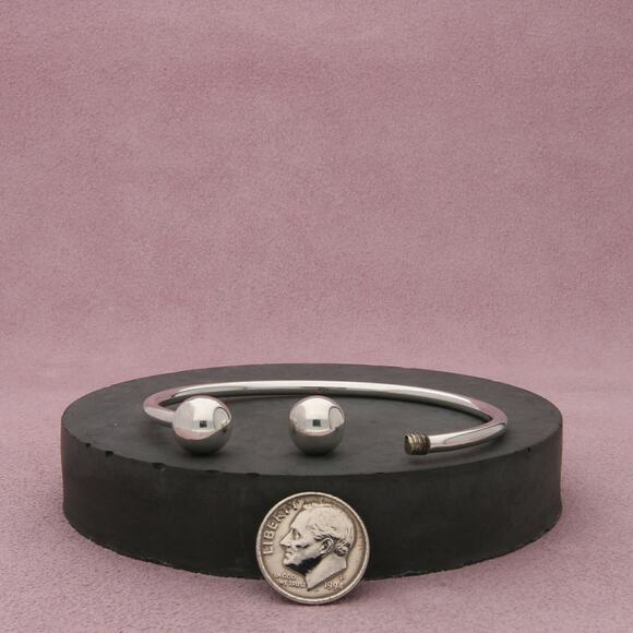 sterling silver vintage bead end cuff charm holder bracelet size 6.75in - Picture 2 of 3